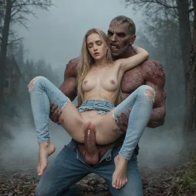 old forest by a castle, highest quality, (fog:1.8), night time, dynamic full body view, 1girl, very petite, blonde very long straight hair, White jeans, torn clothes, monster penis, penis on pussy, sweating, doggy style sex position, cumming, (full anal penetration:1.9), post-apocalyptic, world, decay, skin, zombie, zombies, cityscape, (((double_penetration))), fucked, hetero holding interspecies zombie mounting, (((ugly, terrifying, (zombie)), ((zombie)), male)), only 2 penis in scene, random sex position, pussy sex, (with spread legs:1.2), (monster zombie extremely full anal penetration), (group fucking:1.6), (eyes closed hard:1.8), full nelson, cum on feet, <lora:UZombies:2>