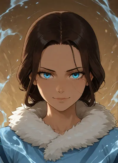 Beautiful detailed anime-style portrait of Katara from Avatar, The Last Airbender, long flowing dark brown hair, striking blue eyes, gentle smile mixed with quiet strength, Southern Water Tribe blue tunic with white fur trim, soft glowing blue water effects around her, clean linework, vibrant colors, high detail, official art style inspired by the series