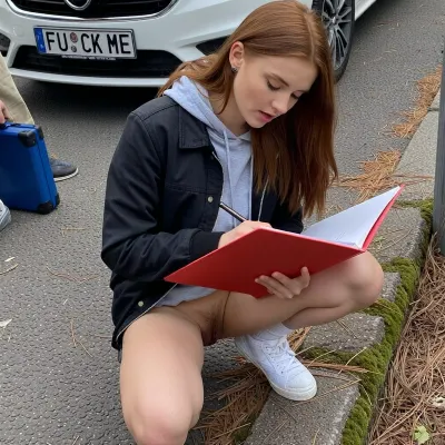 A young woman with long, auburn hair is crouching on a grey asphalt surface with scattered pine needles and moss. She is wearing a black jacket over a grey hoodie and is naked underneath, revealing her hairy vaginaShe holds a red folder open in her lap and is looking down at it, appearing to write or examine something within. A white car with a German license plate, (FU CK ME), is visible in the background, as is a blue case and part of another person's arm. The lighting is natural and overcast, creating soft shadows. The overall mood is casual and observational. The image has a realistic, photographic quality.