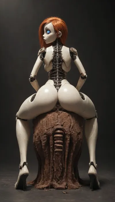 (Jack cayless art style), a woman robot, robot, not human, ginger, white plastic skin, with a big dark pussy, curved up, squatting, legs wide open, seen from below, full body image, robot is huge, imposing, strong, industrial strength, 1feet tall, robogirl, 1robogirl, cyborg style, blue eyes, mechanical parts, spine, android, cyborg, science fiction, high quality, high resolution, doggystyle, from, behind, human, on, anthro, feral, armless, amputee, legless, metal, arm, stump, cover, leg, white, frilled, lace, trimmed, wrapper, <lora:cyborg_style_xl-alpha:.8>, <lora:SDXL_Human_Male_Furry_Female:.8>, <lora:amputee-anxl31-000089:.8>
