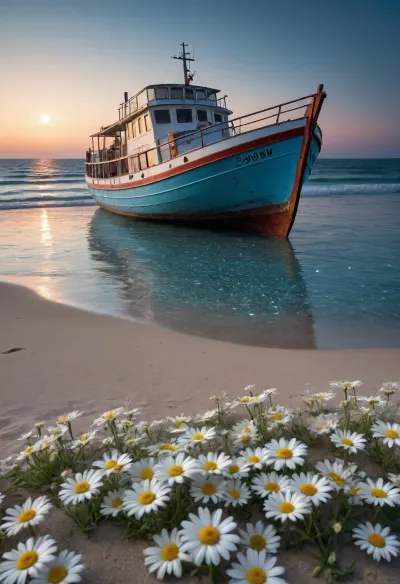 5000000010.34, A glass ship, a boat filled with daisies, on a beach in the moonlight, with bioluminescent blue water and blue sand in the background. The night sea is calm, as if it is an ocean reflecting light from above. Flowers are scattered in front of you, highlighting the beauty of the landscape. This scene creates a dreamy atmosphere that makes you feel relaxed and happy, with super-detailed and high-quality phone wallpapers
