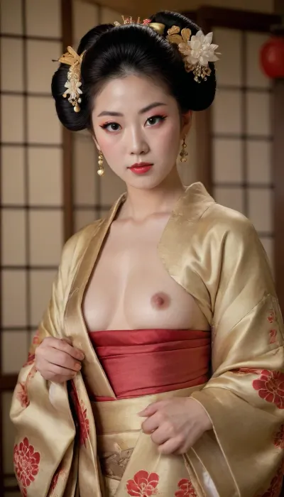 Ultra-photorealistic fine art image of a young high-ranking oiran being dressed by attendants, (slightly blurred in background), her kimono still open and held loosely, exposing her elegant torso and the side of one breast, elaborate hair already fully styled with multiple kanzashi, soft focused expression, luxurious tatami room with gold screens, warm intimate lighting, exquisite attention to skin, silk textures and jewelry, refined erotic ukiyo-e atmosphere, 8k