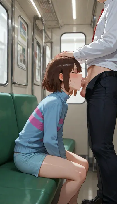 Frisk from undertale, ((Frisk's face stoic expression)), (Friks's eyes), ((Frisk closed eyes)), (Frisk's sweater), ((Frisk's long-sleeve light blue sweater with two magenta stripes)), she is also wearing light blue shorts, beatiful body, 20 years old, she is sitting, In a subway, (very detailed subway interior), Male anon, male anon is wearing white shirt, male anon is wearing black trousers, male anon is wearing office shoes, male anon pants are pulled down, big penis, (Shaved penis), big balls, male anon is standing, Frisk is sucking male anon penis, (blowjob), close view, side view, (view from side), masterpiece, very detailed image, 4k image