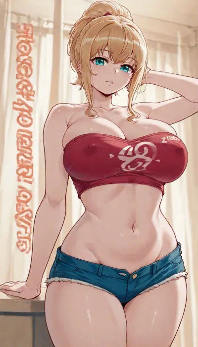 Score_9, score_8_up, score_7_up, ((40hara art style:1.8)), (score_9, score_8_up, score_7_up, source_anime, masterpiece), 1woman, blonde hair, tied hair up ponytail, ((big breasts)), boobies bulging out top, wearing a tight pink tube top and red micro shorts, very sexy pose, lineart, line, art, flat, colors, color, <lora:outline_xl_kohaku_delta_spv5x:.8>, <lora:EnvyBeautyXL02:1>, <lora:lineartSDXL:.5>