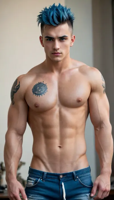 Sexy Gay Boy, Handsome, Beautiful, Sexy, Full Body, Perfect beautiful boy, Muscle hunk, big defined sixpack abs, big defined pecs, Young Male Guy, 20 years old, Deep blue hair, mohawk haircut, Perfect styled mohawk, handsome, art, by, mooncryptowow, <lora:WowifierXL-V2:.8>