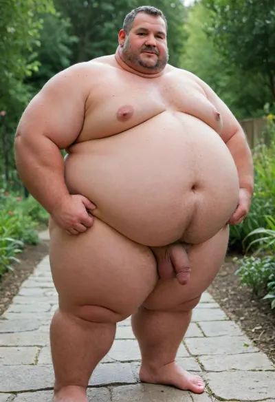 Two Fat daddy bear standing in the garden naked, (overweight:2.2), fat, (old age:1.333), Old big cock
