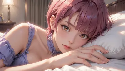 ((masterpiece, best quality, ultra-detailed, perfect drawing, perfect hands, perfect fingers)), 1 East Asian woman, 30 years old, MILF, Luxury Hotel bedroom, A dark bedroom at night, Dim lighting, Cinematic lighting, BREAK, beautiful face, slender face, narrow eyes, (brown eyes), pixie cut hair, magenta hair, svelte body, large natural breasts, pubic hair, wearing purple Ruffled Lingerie and Garter belt, (Lying face down on the bed), close up face, Animated, Nightmare, Style, futuristic-fantasy-anime, <lora:cartoon_stickers_xl_v1:.8>, <lora:AnimatedNightmaresStyle:.4>, <lora:EnvyStarlightPrettyEyes01:.6>, <lora:futureistic_fantasy_anime_sdxl_v1:.8>