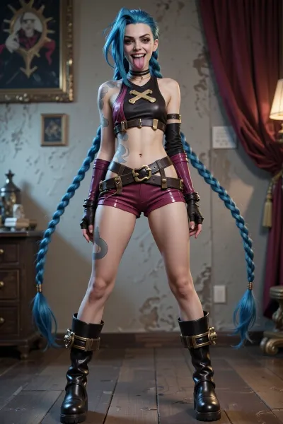 league_of_legends_character_Jinx, extreme_long_blue_hair_in_twin_braids, athletic_slender_physique, boots, huge_crazed_grin, stuck_out_tounge, standing_pose, seductive, high_detail, extreme_detail, painting_art_style, realistic_art_style, detailed_face. detailed_body, (league, of, legends\)