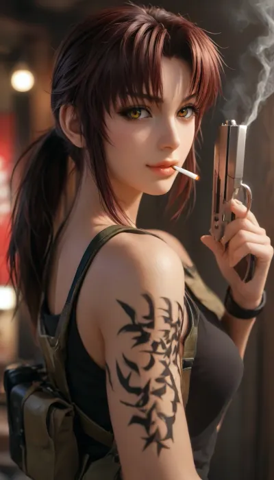 (((Revy from Black Lagoon))), wearing a black tank top, (tanned skin), (dark red hair), (ponytail), blunt bangs, side locks framing her face, brown eyes, (vengeful smile), (murderous vibes), athletic body, large black abstract tribal tattoo on right arm, looking at viewer, (((lit cigarette between lips))), ((holding a long pistol)), holster, (((half body view))), view from side, (focus on face), skin details, <lora:Midjourney Image Enhancer XL v1:.6>, <lora:SDXLHighDetail_v6-000005:.4>, <lora:attractive_notrigger:.6>, lora, futureistic_fantasy_anime_sdxl_v1, .8>, <lora:blacklagoon_revy_xl-000004:.8>, <lora:CuteLora:.5>