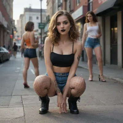 Photo taken outside a strip club, with a sign that says "HOT GIRLS", from a distance of 100 meters, taken without the knowledge of the women standing by the building, who are not looking at the lens, voyeurism, telephoto lens, paparazzi style. Spy shot — creating the perspective of a hidden, crouching observer and a subtly voyeuristic atmosphere. Three women standing together talking, chatting, happy, on a city sidewalk outside a brick building, strip club. One woman is blonde, skinny, big tits, prominent collarbones, heavy makeup and red lipstick, wearing a very tight gold mini-dress revealing a lot of cleavage, tan stiletto heels, holding a cigarette.
Second woman is tall with curly auburn hair, medium tits, green eye shadow, orange lipstick, lime green short shorts, orange crop tee shirt with "SLUT" written on it.
Third woman is short, with short black hair, heavy goth makeup, black lipstick, leg tattoo, sleeve tattoo, wearing a black micro tube skirt and black tube top, fishnet stockings, knee high Doctor Martens boots, smoking a cigarette.

Urban atmosphere, golden hour lighting, soft shadows, detailed faces and hands, realistic eyes, realistic skin texture, cinematic composition, shallow depth of field, 35mm lens, f/1.8, high detail, photorealistic, 8k