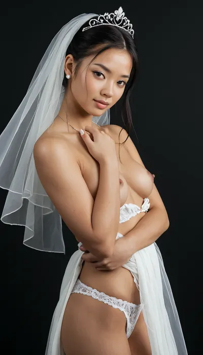 A highly detailed, photorealistic photograph of a stunning young East Asian woman in her early 20s in a dramatic "sexy bride" concept. She has dark hair with soft bangs, beautiful delicate facial features, and a mysterious seductive expression. Slim toned figure with smooth glowing skin and elegant curves.

Wearing only a sheer white bridal veil with a sparkling tiara, and minimal white panties. Her arms are crossed modestly covering her breasts. Artistic and provocative poses against a pure black background.

Dramatic studio lighting with strong contrast, highlights on her skin, and deep shadows. Cinematic composition, sharp focus on face and body, highly sensual and artistic nude bride atmosphere, 8K resolution, best quality.