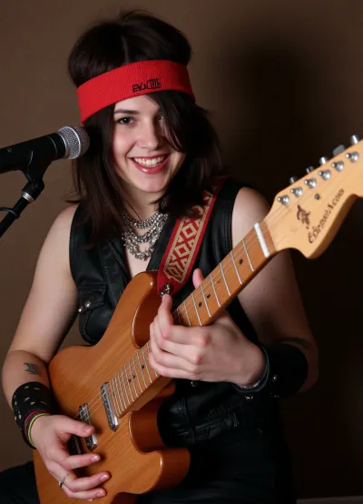 A rock singer dressed as a rocker, preparing for a rock concert, rehearsing with a guitar in front of a microphone, clear fingers and nails, very creative. Professional prompt with humor.