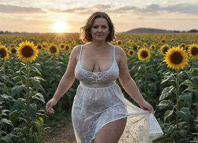 ((Mature:1.3)), ((chubby:1.3)), ((saggy breasts:1.3)), ((big ass:1.3)), ((wide hips)), blonde short hairstyle, slow walking in sunflowers field, strong side wind, curvy old woman, fat thighs, big belly, massive drop breast, fat ass, puffy nipples, ((wearing a transparent sun dress show fat puffy pussy)), ((no bra, nipslip)), <lora:Real_People-SDXL:.5>, <lora:SweetLolitaXLv4.23:.5>, <lora:style_lora_realis:.5>