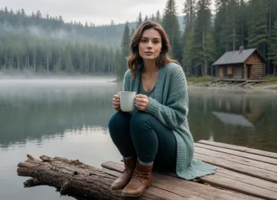 a woman wearing a chunky oversized knitted cardigan and dark pants, sitting on a wooden dock by a lake, early morning mist rolling over the water, towering pine forest in the background. She is holding a steaming mug with her hand, looking towards the camera with a clam expression. In the background, (a rustic wooden log cabin:1.2), with warm glowing windows sits nestled among a towering pine forest. The atmosphere is tranquil and foggy, with soft diffused dawn lighting, (cool blue and muted green color palette:1.2), atmospheric haze, ethereal fog, tranquil, serene, melancholic, (highly detailed textures:1.2), 8k resolution, photorealistic, depth of field, sharp focus on the woman, immersive composition, masterpiece, professional landscape photography., <lora:add-detail-xl:.8>