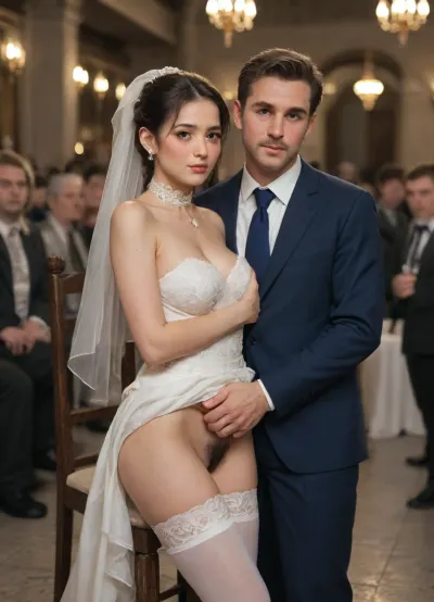 Portrait, holding photo couple bride and groom, brunette pixie haircut, 1woman, tanned, beauty Asian young face, (blushed face:1.6), wedding dress lift, BDSM spikes collar, leash. Fully dressed men before her and grope her pussy, woman sitting on metal chair, 1men their faces are hugging her waist, (hairy crotch:1.3), her legs wide apart, white thighhighs, thighhighs reach high up, crotch totally exposed, braided hair, broad hips, hips widest over trochanters, many crowd, bdsm basement, (used condoms around), (lots of cum drips from pussy), (side view)