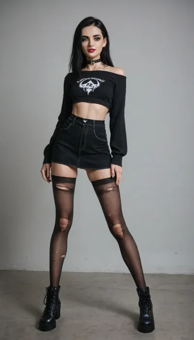 goth girl, long black hair, black chocker, pink lipstick, ripped revealing pantyhose, goth, long legs, perfect face, green eyes, horny smile