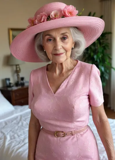 Bedroom, ultra detailed, ultra realistic, sunny floral field, skin-tight minimalistic pink business dress, simple belt, ((aged elder 80-year-old grandma)), slim, skinny, transcluent transparent dress, brutally gigantic large breasts, extremely amplified britally boosted breast size, insanely elegant huge royal floral large simple hat, face close-up, extremely amorous face, ultra lovely face, curvy