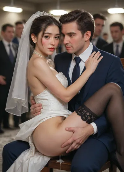 Portrait, holding photo couple bride and groom, brunette pixie haircut, 1woman, tanned, beauty Asian young face, (blushed face:1.6), wedding dress lift, BDSM spikes collar, leash. Fully dressed men before her and grope her pussy, woman sitting on metal chair, 1men their faces are hugging her waist, (hairy crotch:1.3), her legs wide apart, black thighhighs, thighhighs reach high up, crotch totally exposed, braided hair, broad hips, hips widest over trochanters, many crowd, bdsm basement, (used condoms around), (lots of cum drips from pussy), (side view)