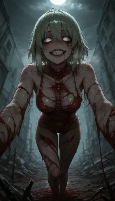 A terrifying undead zombie girl, rotten pale green decaying skin with patches of exposed flesh and necrosis, cloudy milky white eyes with no pupils, blackened rotten teeth in a snarling mouth, torn and tattered dirty clothes hanging off her body, prominent black veins crawling under the skin across her face, neck and arms, lifeless yet aggressive expression, messy tangled hair matted with dirt and blood, dark eerie atmosphere, cinematic horror lighting, highly detailed texture of rotting flesh and veins, grim and grotesque, ... pale green rotting skin with open wounds and blackened flesh, cloudy dead eyes, broken and decaying teeth, shredded bloodstained clothes, thick black veins pulsing under the skin, blood and pus details, dark horror atmosphere...
