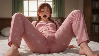 photorealistic, high quality, in room, furniture, window, bookshelf, woman, (brown braids), freckles, blushing, (plump:1.1), (small breasts), (sweaten floral pajamas), (pajama pants), lying on back, (on bed), bedroom, full body, full room view, masturbating, (sweating:1.2), (screaming:1.1), happy, (hand in pants), eyes wide open, orgasm, legs spread wide, (), (trembling)
