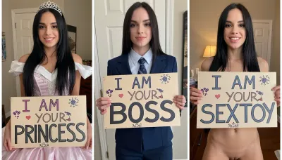 (side-by-side three pictures of a three photos of the same woman, 20yo with long black hair, standing), (On the first picture on the left she wears a princess dress with a tiara, and holds a handmade sign with text "I AM YOUR PRINCESS"), (On the second picture in the middle she wears an secretary, and holds a handmade sign with text "I AM YOUR BOSS"), (On the third picture on the right she seems very happy, she is naked, nude, and holds a handmade sign with text "I AM YOUR SEXTOY")