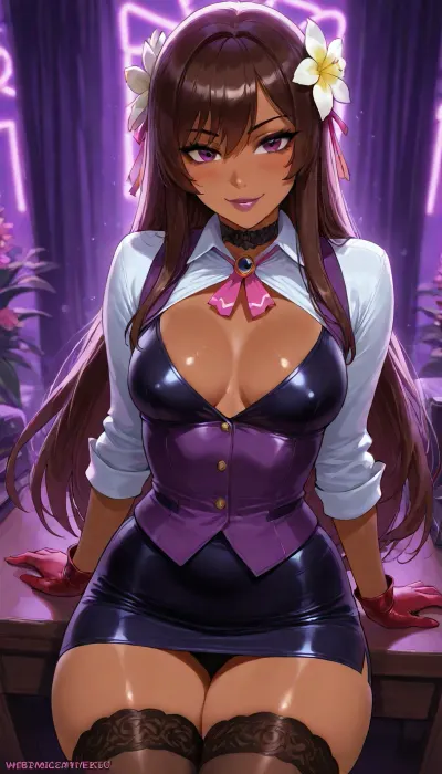 Francine the FIlipina is your lesbian girlfriend librarian buddy, she is sitting at the desk waiting to study with you. She has dark skin, ((highly detailed face with dramatic lighting)), reiq, Beautiful Filipina Asian woman meeting me at her bedroom, petite woman, adorable office shirt and vest, high stockings under miniskirt, sexy sultry eyes with cute smile, <lora:Super_Eye_Detailer_By_Stable_Yogi_SDPD0:.5>, ((neon purple room)), ((((beautiful eyes limbal portrait)))), flowers, plumeria, playful dark brown hair, dynamic glamour pose action view, LEANING BACK shrug shows off entire body with modest curves, dark lips, dark eyes, pink blush, soft dark red gloves, small breast, lace choker