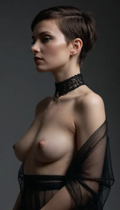 An avant-garde studio portrait captured from a low angle. The subject is a 35-year-old woman with a short pixie crop and petite physique, her expression one of quiet modesty and confidence. She stands in profile against a void of neutral grey. The composition highlights the contrast between her opulent accessories—ornate black needle-thin 20cm stilettos and gold jewelry—and the raw, natural vulnerability of her physique. She is clad in a gossamer gauze robe that clings to her wide hips and reveals her flat chest. Pale, luminous skin. Large and wide diamond choker.The lighting is directional and moody, casting soft shadows that define the curves of her body and the sheer texture of the fabric. Photorealistic, hyper-detailed, cinematic lighting, anatomical precision.