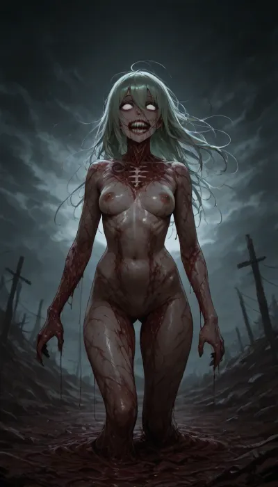 A terrifying undead zombie girl, rotten pale green decaying skin with patches of exposed flesh and necrosis, cloudy milky white eyes with no pupils, blackened rotten teeth in a snarling mouth, torn and tattered dirty clothes hanging off her body, prominent black veins crawling under the skin across her face, neck and arms, lifeless yet aggressive expression, messy tangled hair matted with dirt and blood, dark eerie atmosphere, cinematic horror lighting, highly detailed texture of rotting flesh and veins, grim and grotesque