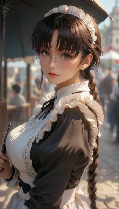 (((Roberta from Black Lagoon))), colombian woman, (maid dress), (black frilly dress with long sleeves and a white apron at bottom), (tanned skin), (black hair), (long braided ponytail), (straight bangs:1.5), brown eyes, aloof, (murderous vibes), large round glasses, ((curvy body)), large breasts, looking at viewer, ((holding a black umbrella)), (in a modern city, at Night, back alleys), (((half body view))), view from side, (focus on face), skin details, <lora:Midjourney Image Enhancer XL v1:.6>, <lora:SDXLHighDetail_v6-000005:.4>, <lora:attractive_notrigger:.6>, <lora:futureistic_fantasy_anime_sdxl_v1:.8>, <lora:CuteLora:.5>