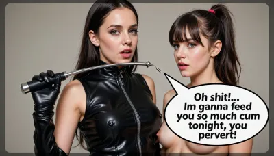 Sexy dominatrix wearing black latex with riding crop
Speech bubble from the girl, "Oh shit!... Im gonna feed you so much cum tonight, you pervert!" 8K UHD, DSLR camera, high quality, (high definition texture:.5), .