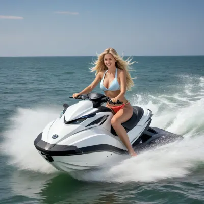 Candid photo, ultimate realism, (jet ski:1.7), driving a jet ski, seated on a jet ski, large jet ski, single-person jet ski, Realistic Jet Ski, fully visible jet ski with a long seat, handlebars and hull, both legs comfortably astride the seat, realistic riding posture, offshore in the open sea, tropical ocean, gentle waves, sparkling blue water, clear blue sky, bright sunny day, (cute gentle smile:1.5), (sweet innocent smile:1.5), tender smile, warm cheerful expression, stylish long blonde hair, (hair blowing in the sea breeze:1.5), (white skin:1.8), albino skin, extremely pale skin, realistic detailed skin, photorealistic, tack sharp, gold anklet chain, side angle view.

attractive buxom 23 year old athletic beauty, slender body with petite sexy curves, flirty shy smile, (busty boobs:1.8), (large breasts:1.4), (hourglass body:1.4), (thick legs:1.9), (wide hips:1.4), small waist, (naked girl:1.2), .