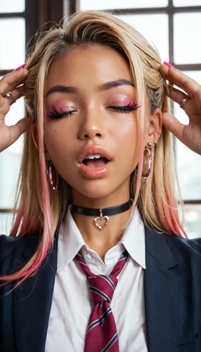 kitagawa_marin, 1girl, jewelry, solo, closed_eyes, blonde_hair, choker, open_mouth, piercing, earrings, ring, ear_piercing, pink_nails, black_choker, long_hair, shirt, blush, teeth, facing_viewer, gradient_hair, nail_polish, collared_shirt, multicolored_hair, necktie, white_shirt, close-up, fingernails, window_background, portrait, makeup, simple_background, eyelashes, barbell_piercing, school_uniform, fake_nails, gyaru, hands touching head