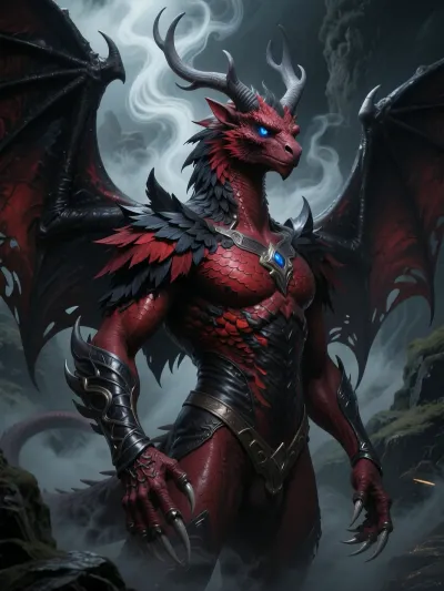 A etheral Dragon, completly Red and black feathers instead of scales, DARK Blue eyes, a fine Mist Waves around him, Long Grey antlers, almost Like from a deer, He has giant claws in His forearms, He spreads His black leatherly Wings, and shrouds the Landscape in darkness, d&d, fantasy, highly detailed, digital painting, artstation, sharp focus, fantasy art, illustration, 8k, in the style of greg rutkowski. It's an absolute world-class masterpiece artwork. It's an aesthetically pleasing artwork with impeccable attention to detail and impressive composition.