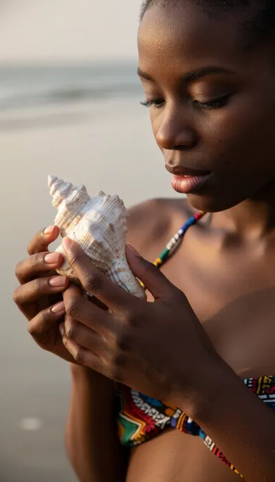 full body view, Woman, 23 years old, from Ghana, Her skin is exceptionally dark, softly illuminated by the warm evening sunlight, stands on a quiet beach wearing a bikini in colorful traditional patterns, She gently holds a beautifully detailed seashell in both hands, her fingers naturally curved around it with elegant, anatomically perfect hands, realistic fingernails, delicate tendons, fine skin texture, and extraordinary realism. Her complete attention is focused on the shell, studying its intricate patterns with quiet fascination. Her face is breathtakingly beautiful, Her expression is thoughtful, serene, quietly sensual, and filled with gentle curiosity, conveying a peaceful moment of contemplation
