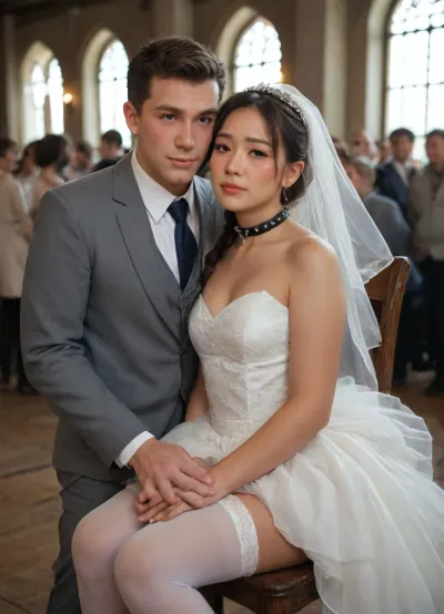 Portrait, brunette pixie haircut, 1woman, tanned, beauty Asian young face, (blushed face:1.7), wedding dress lift, BDSM spikes collar, leash. Fully dressed men before her and grope her, woman sitting on groom knees on chair, (holding in hand photo couple bride and groom), 1men their faces are hugging her waist, (hairy crotch:1.3), her legs wide apart, white thighhighs, thighhighs reach high up, crotch totally exposed, braided hair, broad hips, hips widest over trochanters, many crowd, (side view)