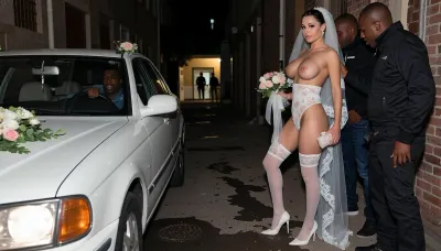Extremely distant cinematic shot from the far end of a long dark dirty alley looking toward the entrance, tiny distant figures of a shy embarrassed curvy Iranian bride being thoroughly molested by several rough African black criminals, she wears an ultra-tight and barely-covering hybrid wedding dress combining micro-bikini lingerie and bridal elements, clearly showing thighs, sideboob and underboob, white sheer stockings, white high-heeled shoes, long lace wedding veil, clutching a bridal bouquet, the flower-decorated wedding car parked at the alley mouth with the groom sitting inside watching her with a satisfied and aroused look, extreme long-range candid view, cinematic gritty night atmosphere, strong sense of cuckold humiliation