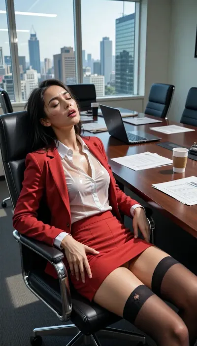 Exhausted sensual Indonesian businesswoman, late 20s, asleep slumped in leather conference chair right after long meeting, head thrown back, mouth slightly open. Red blazer fully open, clingy sheer thin unbutton dramatic low white blouse and soaked with sweat, side view, tight pencil skirt high thighs, stockings torn at knee. Conference table scattered with documents, empty coffee cups, laptop still on.

Floor-to-ceiling office windows, harsh midday sunlight flooding modern boardroom, city skyline behind, photorealistic, 8k, highly detailed