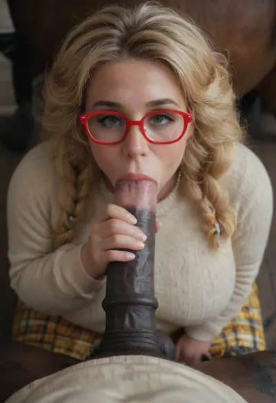 Irish milf, pov blowjob, deepthroat, penis deep in her mouth, sucking hard, holding penis, red glasses, blonde braided hair, cute, happy, beige sweater, yellow plaid skirt, late breasts, chubby, super big hair, ((black equine penis, grey pantyhose, black heels, pearl necklace))