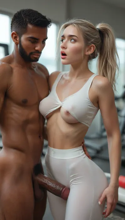 8k, uhd, (photorealistic), (interracial), 2man, strong man, lean and muscular man, luxury yoga studio, huge cock, 22yo, (petite:1), (micro waist, wide hips:1.2), medium breasts, (light platinum blonde), high ponytail, ((cock visible)), (cock pushing on her body), (glistening skin:1), (white spandex tights), (spandex top with one breast hanging out), (tight spandex), ((standing eye-to-eye)), (romantic embrace), nice bubble butt, breasts visible, nipples, (pleasure, moaning:1.3), awe, confusion, large eyes, ((rear view)), <lora:BUT_SDXL_SHS:1>, <lora:MJ52:1.6>, <lora:Vivid Midjourney mimic - XL SDXL v2.0:1>