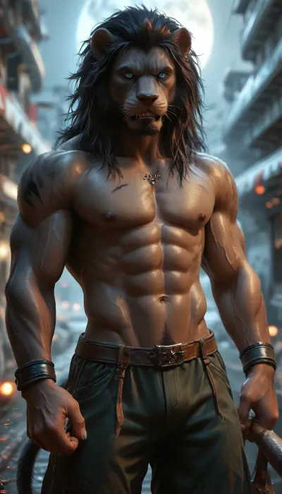 Anthro, lion warrior, black like a puma, ((he is all black, jet black fur body, jet black mane, jet black tail)), (((his body is covered in black fur))), lighting from a full moon, muscular, standing in futuristic scene, he is holding a giant double blade battle axe, the axe has a very long handle, he has a man like stance, teeth showing, piercing blue eyes, glowing blue eyes, (Detailed fur), detailed texture, ultra high definition, 32k definition, high resolution, helios-beasts, anthropomorphic, <lora:detailed_notrigger:.1>, <lora:MJ52:1.2>, <lora:helios-beasts:.6>, <lora:anthromuscular:.6>