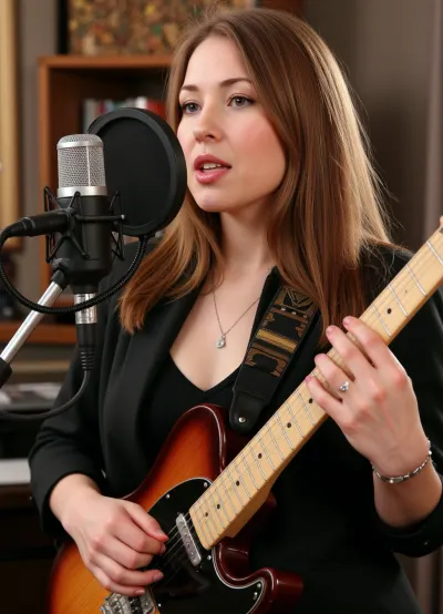 A rock singer, dressed like a rocker, getting ready for a rock concert, rehearsing with her guitar in front of a microphone, with well-manicured fingers and nails, against the backdrop of a detailed studio — a very creative image. A professional and humorous prompt, like a still from a film.