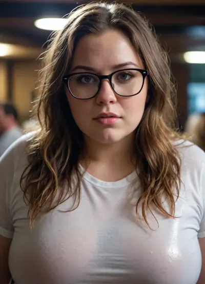 bbw, wet t-shirt, long hair, glasses