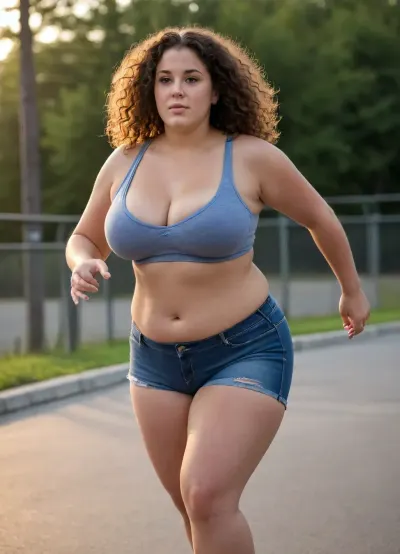 bbw woman doing roller skating, natural looking, nomakeup, large breasts, tanktop with nice cleavage, brunette, long curly hair, sideview, long saggy breasts