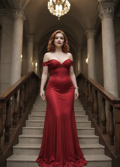 A 25 years old chubby woman with vibrant red hair and a flowing emerald wine red gown ascends a grand, ornate staircase.

The image depicts a breathtaking scene within a lavish interior, possibly a palace or a grand mansion. The focal point is a young woman with a cascade of fiery red, curly hair. She is wearing an off-the-shoulder, floor-length gown made of a rich, wine red velvet fabric that drapes and folds dramatically around her. Her expression is joyful and radiant, with a wide smile and eyes looking towards the viewer. She is adorned with delicate, sparkling earrings.

The woman is positioned on a wide, sweeping spiral staircase. The steps appear to be made of a light-colored stone, possibly marble, with subtle variations in tone and texture suggesting they are well-worn yet meticulously maintained. The staircase is bordered by an opulent, spiraling banister made of polished gold. The banister features intricate, scrolling metalwork with ornate patterns, adding to the overall sense of grandeur and luxury.

The composition is dynamic, with the camera angle looking down the staircase from above, emphasizing its elegant curve and the woman's ascent. The lighting appears to be soft and diffused, possibly from unseen windows or chandeliers, casting gentle shadows that highlight the textures of the fabrics and the architectural details. The background above the woman shows more of the staircase's structure, including decorative gold trim along the ceiling or wall, further enhancing the regal atmosphere.

The overall ambiance of the image is one of elegance, romance, and a touch of fairytale magic. The vibrant colors of the woman's hair and dress contrast beautifully with the neutral tones of the staircase and the warm metallic gleam of the gold railing. There is a sense of movement and life, conveyed by the flowing fabric of her gown and her lively expression, as if she is captured in a moment of pure delight., 