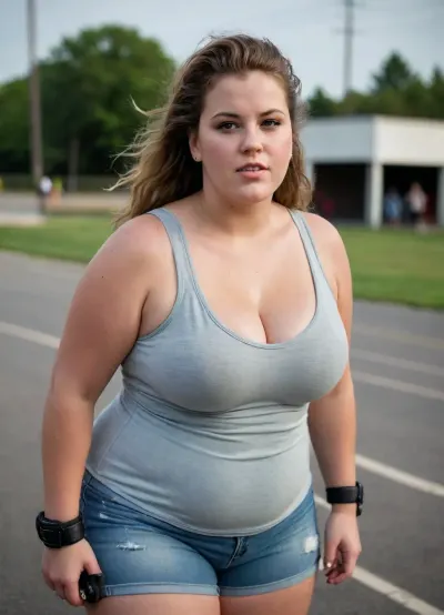 bbw woman doing roller skating, natural looking, nomakeup, large breasts, tanktop with nice cleavage