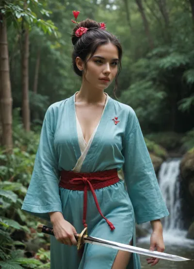 A beautiful Wuxia female sword warrior standing in an ancient Chinese bamboo forest surrounded by soft mist. She wears an elegant flowing white and turquoise silk robe with subtle red accents, long wide sleeves, delicate embroidery, and a traditional ornate belt. Her long black hair is styled in an elegant traditional updo with decorative hairpins. She holds a slender Chinese Jian sword in one hand.

She stands gracefully on a moss-covered stone near a small waterfall, surrounded by bamboo, ancient temple ruins, drifting flower petals, and a calm mystical atmosphere. Her silk garments and hair ribbons move gently in the wind. Her expression is calm, confident, and noble, like a legendary heroine from a classic Wuxia film.

Realistic cinematic movie still, ultra realistic, natural human face, highly detailed fabric textures, realistic silk, authentic Chinese historical fantasy atmosphere, elegant martial arts pose, dramatic lighting, shallow depth of field, epic film scene, 8k cinematic photography.