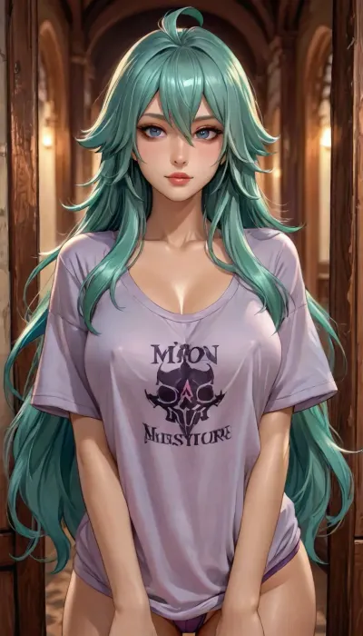 (masterpiece), reiq style, (high resolution), sinon from sao, mid 30s, fair skin, slender, narrow face, freckles, tattoos, large breasts, erect nipples, ((hyper long hair)), ((hair goes past her waist)), purple hipster panties, oversized white t-shirt, cleavage, no bra, thong straps showing, slightly bending forward, view down her shirt, <lora:add-detail-xl:1.2>, <lora:attractive_notrigger:1.2>, <lora:detailed_notrigger:1.2>, <lora:LCMTurboMix_Euler_A_fix:1.2>