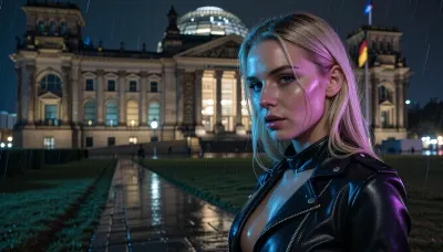 A cinematic portrait of a blonde woman on a rainy Berlin street, with the Reichstag building in the background at night, neon lights cast glare on her, the focus is on her expressive eyes and flawless features. She is wearing a black leather jacket, unbuttoned at the chest. In the background is the slightly blurred Reichstag building with its beautiful glass dome and historic architecture, as well as a lawn and a wet, light-reflecting sidewalk, a photorealistic image, a true masterpiece.