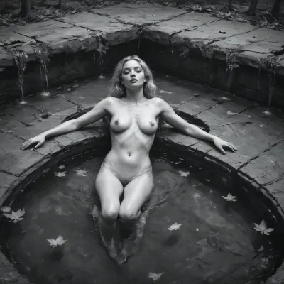 black and white charcoal drawing of a beautiful blonde woman, 24y.o, nude, natural swiming pool old forest magic dream full body view, only her lips are red. The surreal art drawing is on a vintage textured canvas background, a black and white charcoal painting, womans lips are red, art work inspired mucha, klimt, beksinski, vrubel gold light, <lora:spstation:1.3>, <lora:EldritchCharcoalXL1.1:.5>