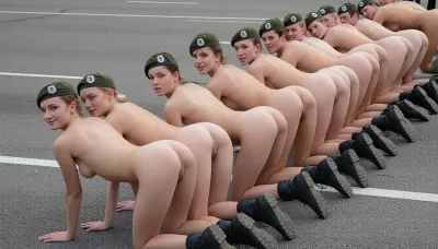 (ultrarealistic photography), (full body view), on the parade ground. group of 20 year old german beautyful totally nude girls, (detailed faces), (all girls with smoothly shaved pussies), pantless, no underpants, (all women wearing army boots and cap), visible vagina, visible labia, obedience, faint smile, crawl flat one after another on the ground